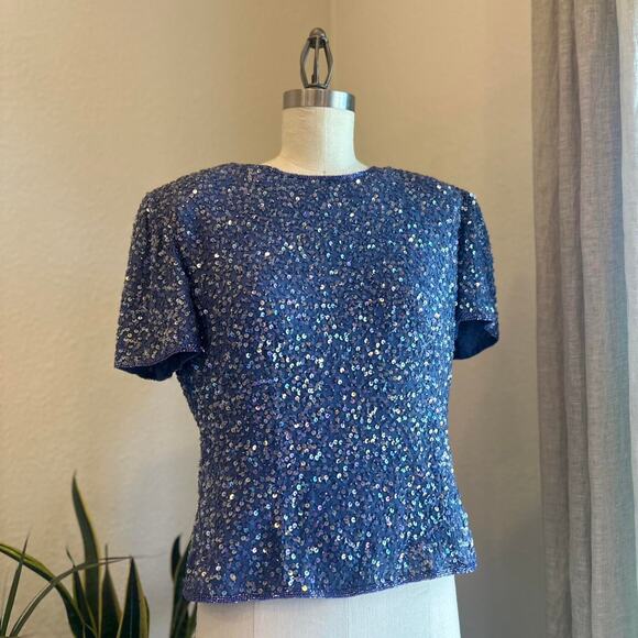Adrianna Papell Occasions Women’s 12 Blouse Purple Blue Silk Sequin Top - Picture 3 of 3